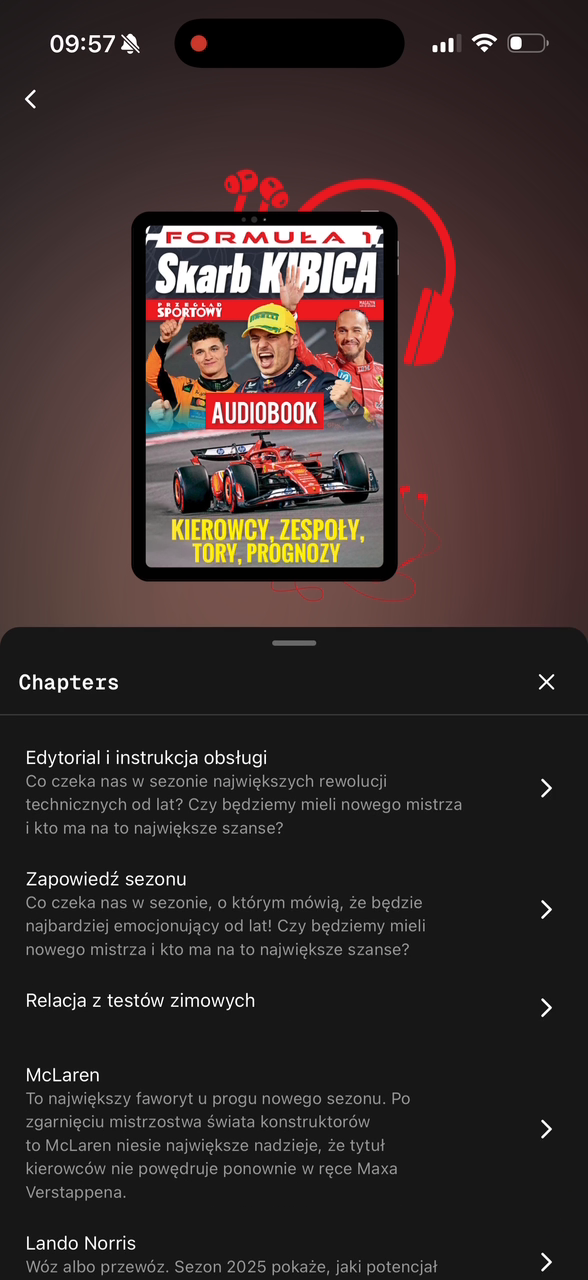 Aplikacja mobilna Bitsnap: lista rozdziałów audiobooka wysunięta od dołu ekranu