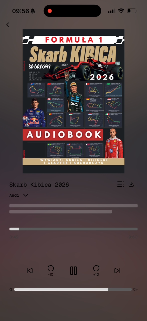 Aplikacja mobilna Bitsnap: odtwarzacz audiobooka „Skarb Kibica 2026” z dużą okładką