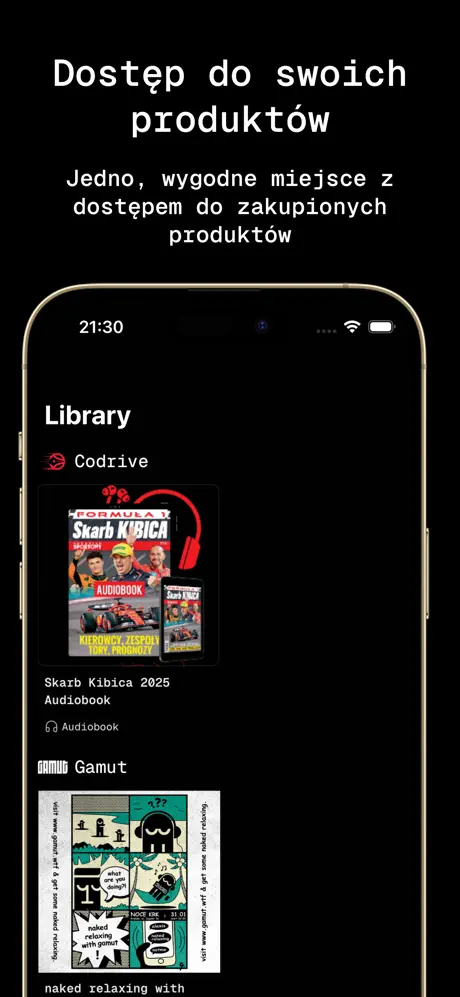 Aplikacja mobilna Bitsnap: ekran Library z zakupionymi audiobookami różnych sprzedawców