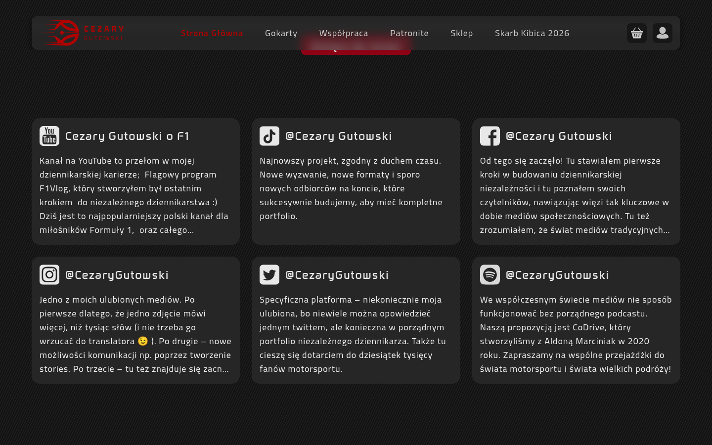 Sekcja kanałów social media Cezarego Gutowskiego