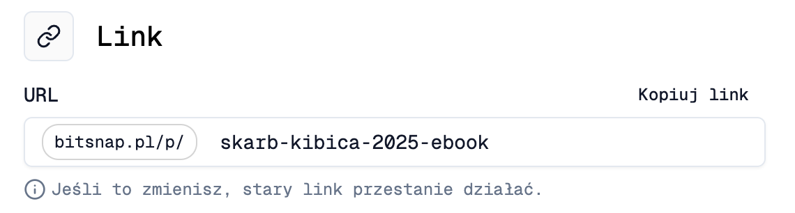 Fragment panelu Bitsnap: pole z adresem linku do produktu (bitsnap.pl/p/…) i przyciskiem Kopiuj link